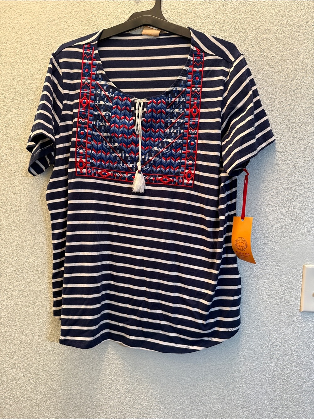 Ruby Rd. Navy & White Striped Embroidered Tie-Front Tee